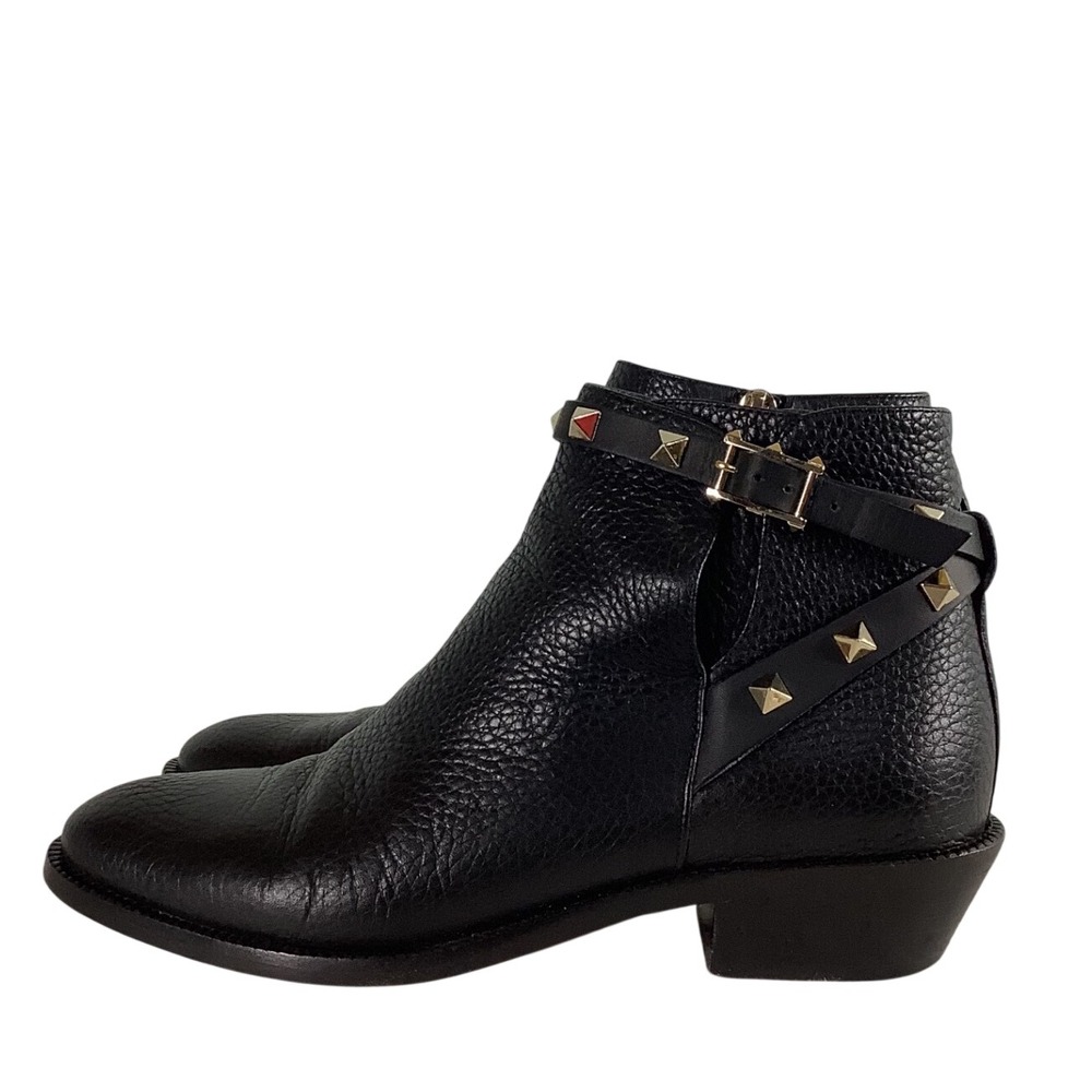 Valentino Garavani Rockstud Black Pebbled Leather Ankle Boots 35.5 Gold Studs